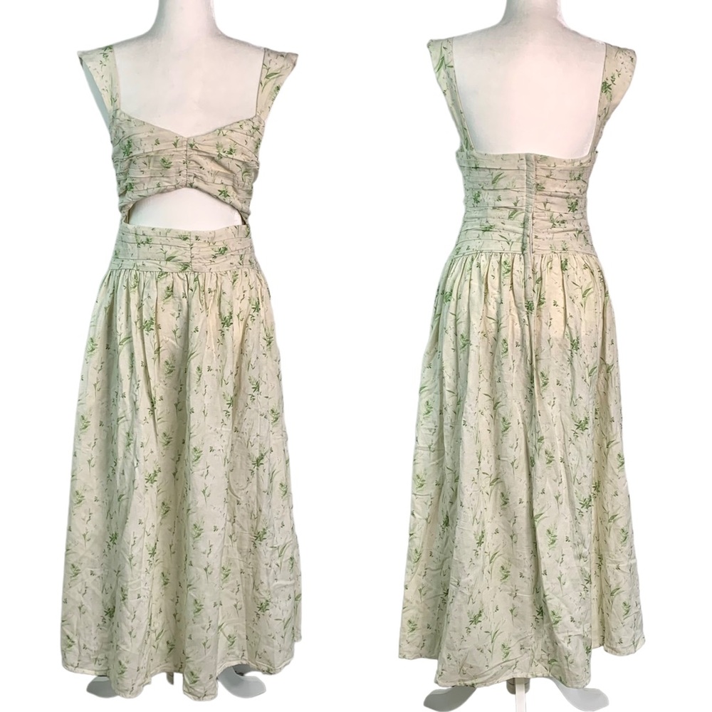Krewe Du Q Linen Blend Cutout Midi Dress Size S Ivory Green Sleeveless